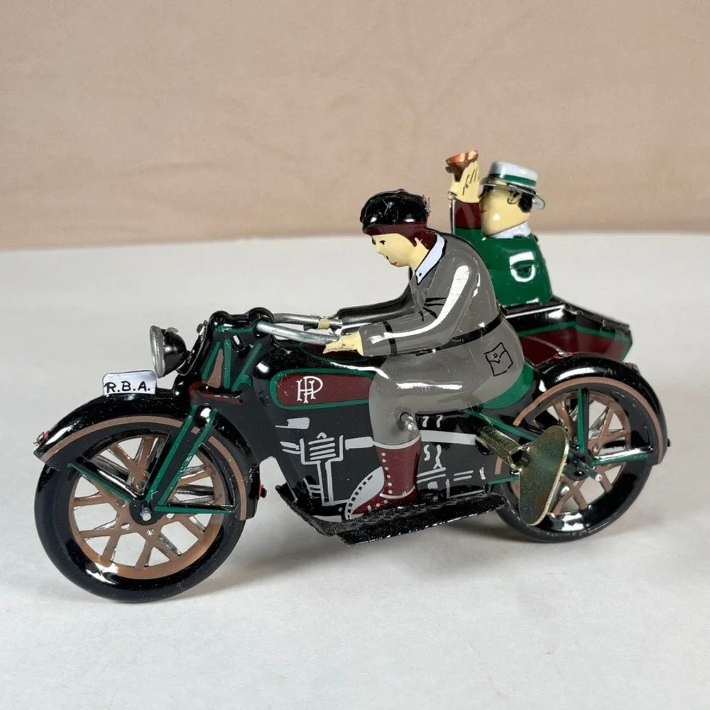 Vintage Tin Wind Up Motorcycle with Sidecar RBA HP Litho Toy Collectible